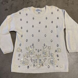 Vintage 80s Victoria Harbour Women sweater White Pearls Beaded Rhinestone Sequin